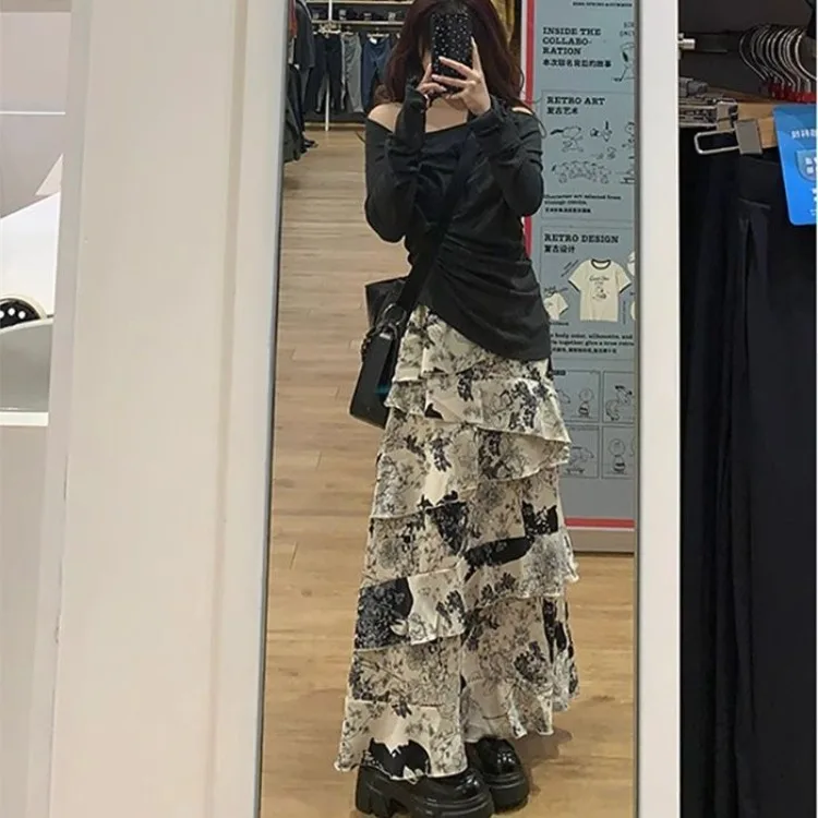 Женская юбка с принтом чернил необычная средней длины высокой талией Y2k для