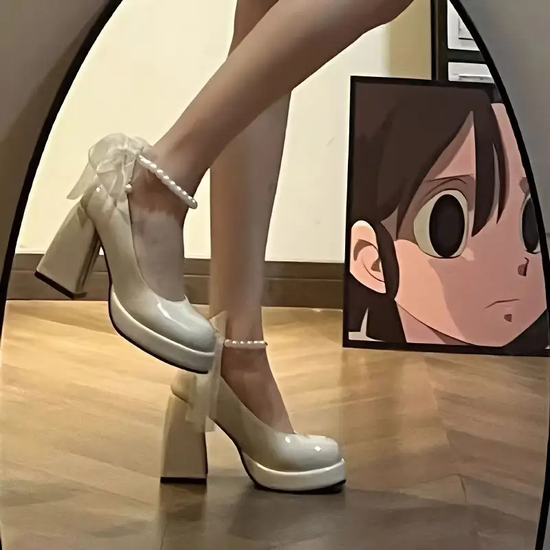 New Mary Jane Women Pumps Lolita Round Toe Shoes Ladies Thick High Heels Shoes Female Spring Fashion Genuine Leather Shoes Woman