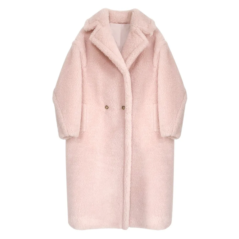 Winter Real Fur Coat Warm Women Long Coat Vintage Long Sleeve Thick Bear Coat Casual Loose Oversize Outwears Women's Full Wool