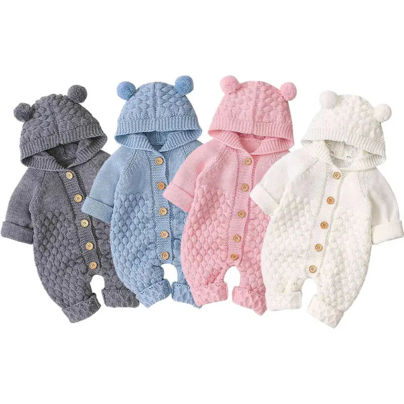 

Autumn Winter Newborn Baby Boys Girls Bear Ear Knit Romper Hooded Wool Sweater Jumpsuit Warm Cute Outfit
