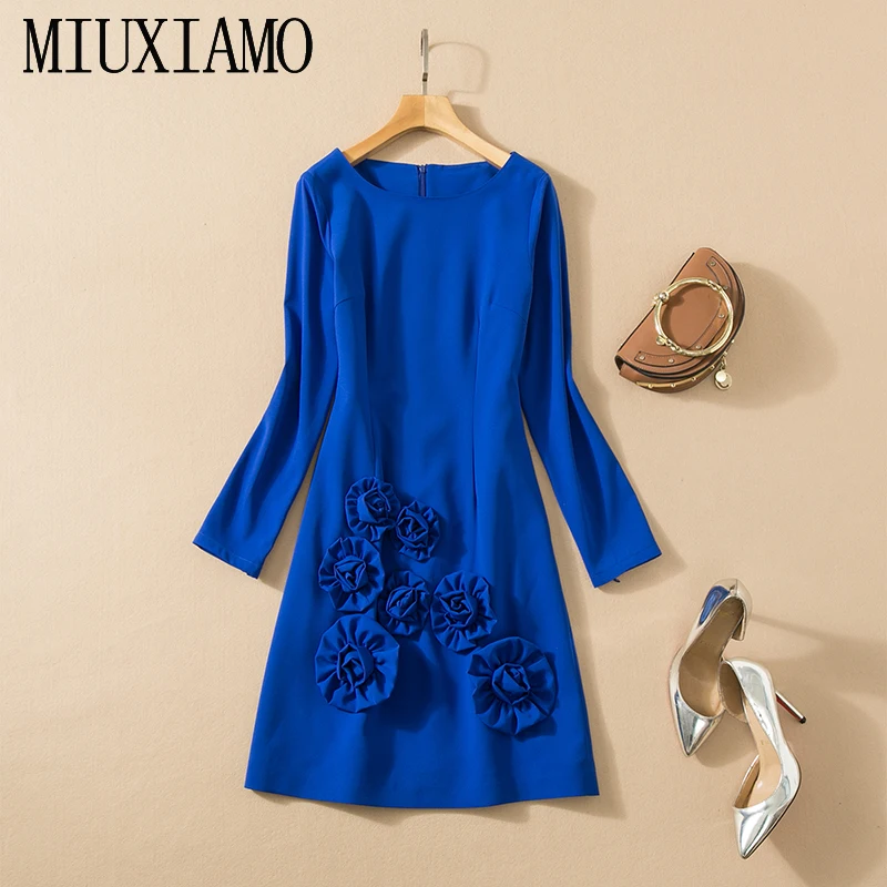 

MIUXIMAO High Quality Spring&Summer Elegant Dress Three-dimensional Flowers Solid Applique Fashion MIni Dress Women Vestides