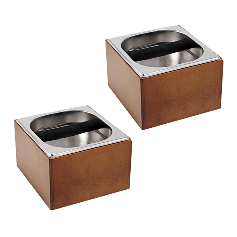 

New 2X Coffee Knock Box Stainless Steel Wood Coffee Grounds Container Box Barista Coffee Residue Bucket Grind Waste Bin