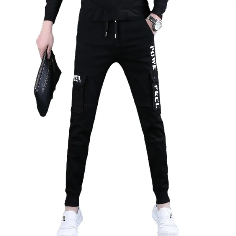 Autumn Men Jean Cargo Pants Fashion Letter Printed Streetwear Casual Black Elastic Waist Drawstring Denim Trousers