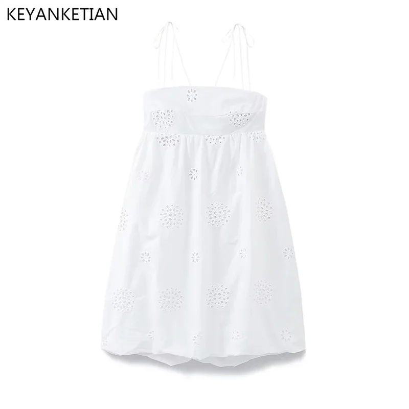 

KEYANKETIAN Summer Clothes New Hollowed Out Embroidery Backless Breastwrap Suspender Dress Resort Style Slim Mini Skirt White