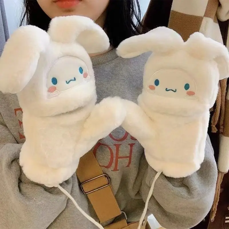 

Kawaii Sanrio Plush Gloves Cinnamoroll Winter Flip Fingerless Half-Fingered Mittens Soft Thicken Hanging Neck Girl Student Gift