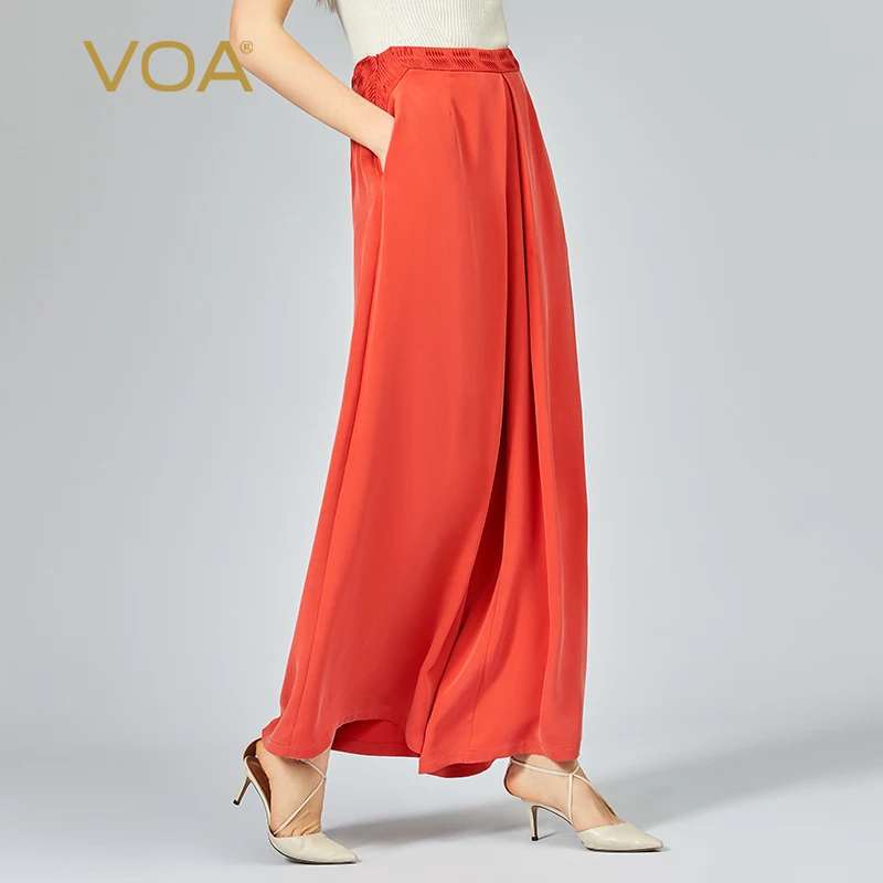 

VOA 30m/m Heavyweight Silk Bordeaux Red Natural Waist Folds To Cover The Flesh and Show Thin Pockets Silk Wide-leg Pants KE673