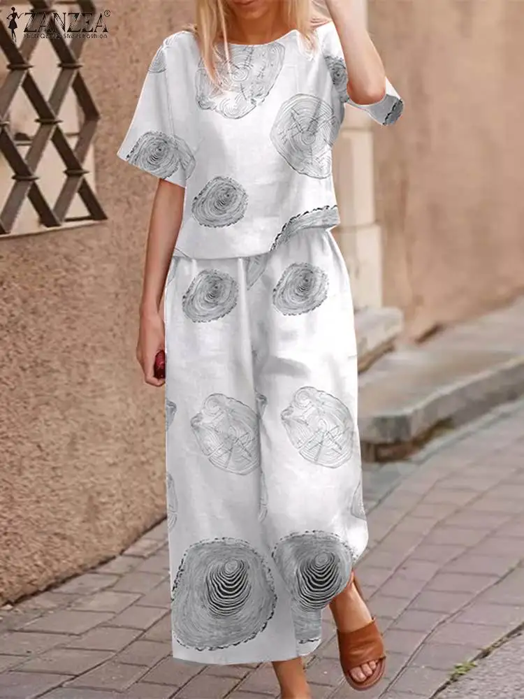 

2022 ZANZEA Summer Vintage Floral Printed Pants Sets Women's Tracksuits Casual Short Sleeve Blouse and Trousers Suits 2PCS Sets