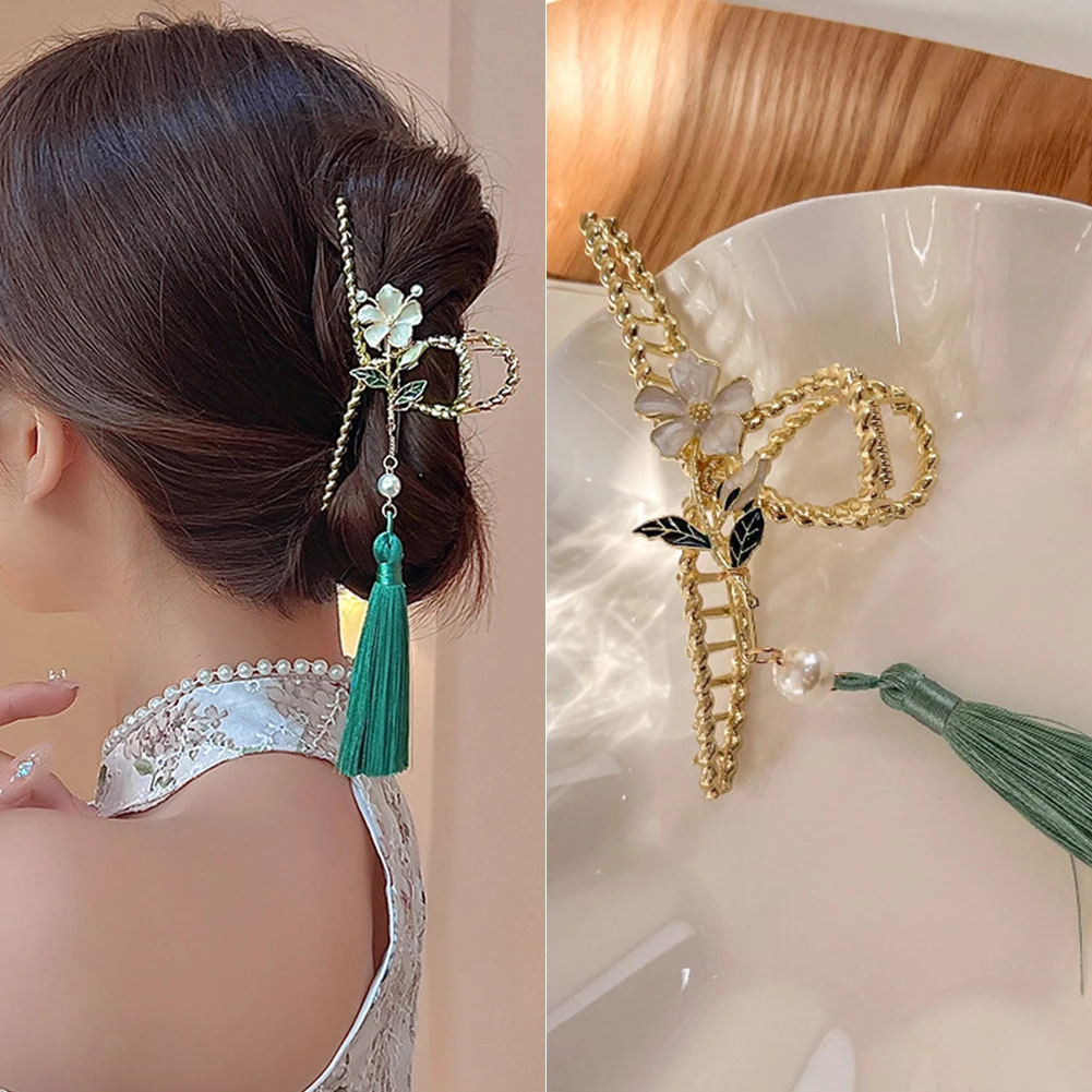 

Tassel Hair Claw China Style Retro Drop Oil Flower Hair Clip Barrette Alloy Hairpin Ponytail Clip Crab Hanfu Accessories