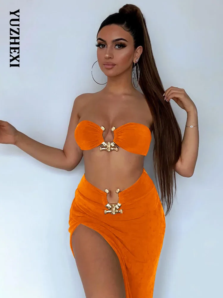 

Elegant Sexy Bandeau Top with Slit Asymmetrical Skirt Two Piece Set Women Summer Party Festival Metal Ring Matching Sets Orange