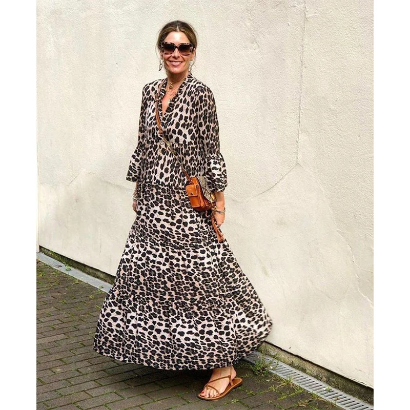 

Women Casual Loose Full Sleeve Dress Leopard 2022Summer Sexy Boho Bow Spring Maxi Dress Plus Sizes Big Large Dresses Robe Femme