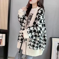 2022 spring new streetwear women sweater vintage baggy houndstooth cardigan femme coat casual thickened knitted jacket tops