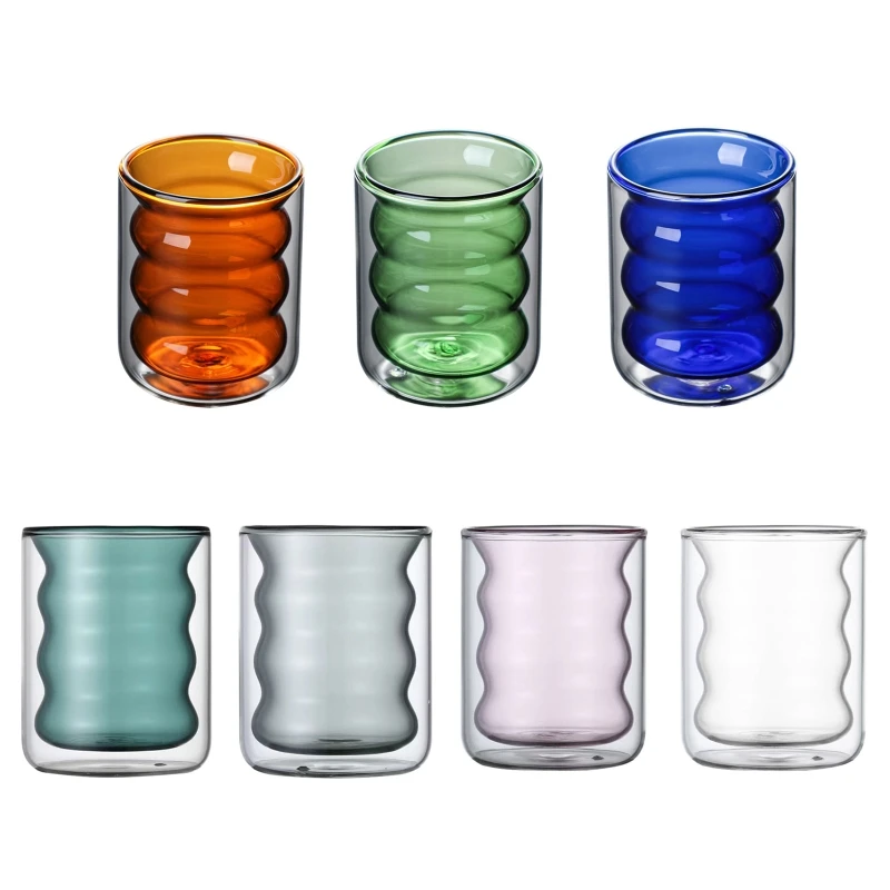 2023 New 200ml Double Wall Insulated Glass Cup Irregular Wave Heat Resistant Thermo Coffee Water Mug Clear Drinking Glasses