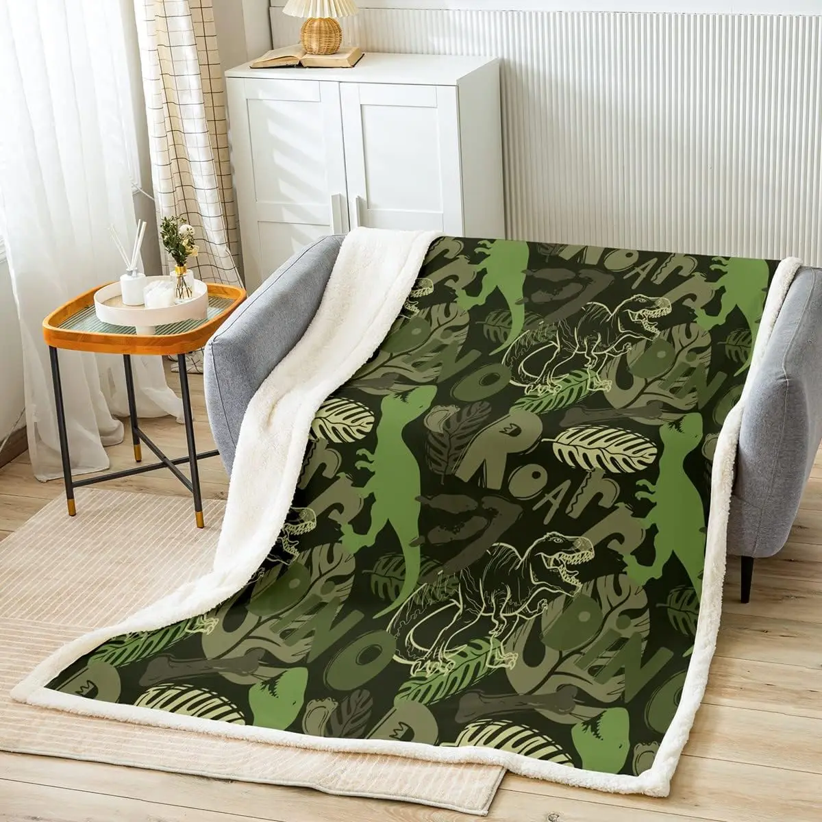 

Dinosaur Silhouette Throw Blanket Army Green Camo Bed Blanket for Kids Teens Boys Room Decor Palm Leaf Plants Fleece