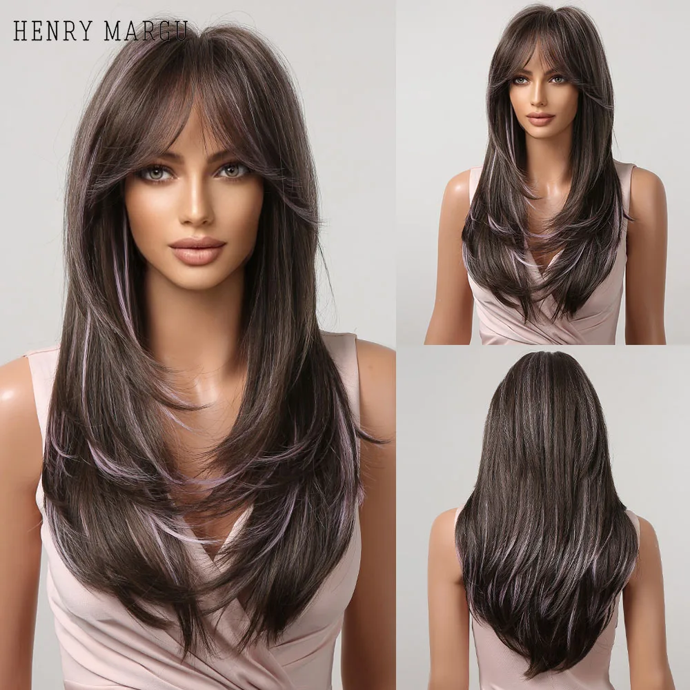 

HENRY MARGU Long Straight Brown Mixed Purple Synthetic Wigs with Bangs Layered Hair Wigs for Women Cosplay Heat Resistant Wig