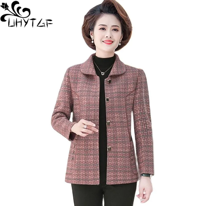 

UHYTGF Mom Spring Autumn Woolen Coat Middle-Aged Elderly Casual Women Jacket Single-Breasted 5XL Loose Size Outwear Jaqueta 1714