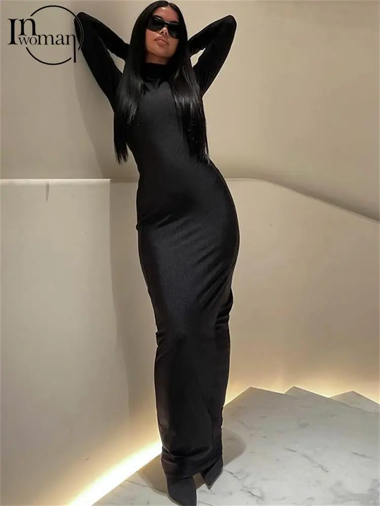 

Inwoman Autumn Sexy Solid Bodycon Maxi Dresses Club Outfit For Women 2022 Long Sleeve O Neck Party Long Dress Female Dress