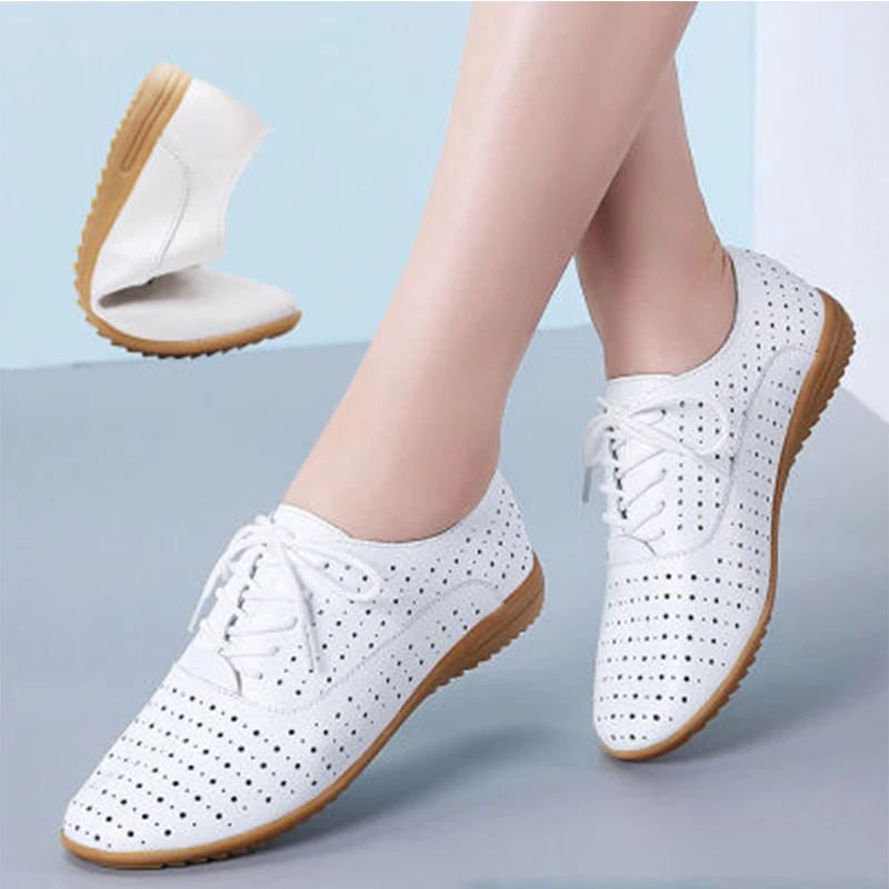 

2022 New Spring Women Shoes Genuine Leather Shoes Moccasins Lace Up Loafers White Shoes 35-41 shoes woman