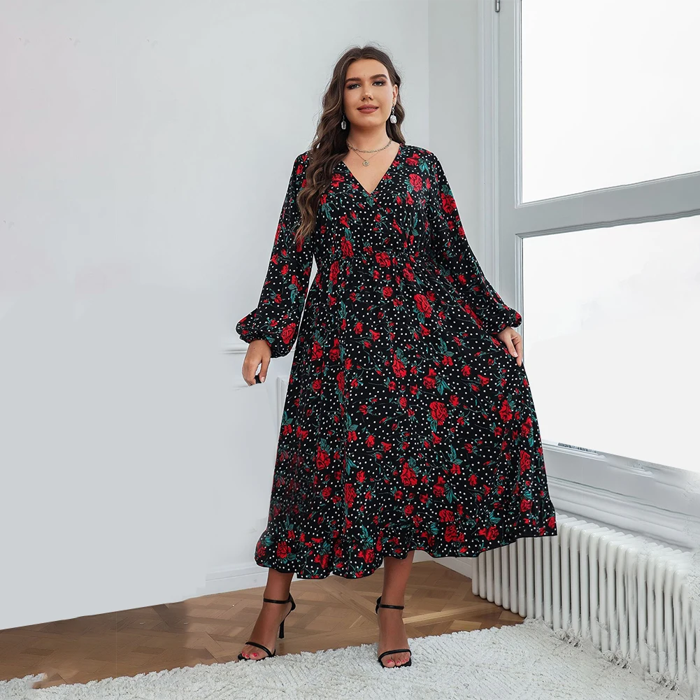 

Plus Size Autumn Woven Black Chiffon Floral Polka Dot Ruffle Boho V-Neck Lantern Sleeve Long Dresses XL-4XL