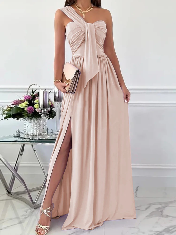 

New Women Sexy Off Shoulder Draped Long Dress Elegant High Slit Waist Slim Solid Maxi Dress Summer Casual Sleeveless Party Dress