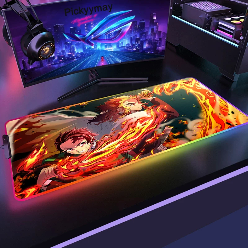 

Gaming Mouse Pad RGB Backlight Demon Slayer Anime 900x400 Gamer XXL PC Mousepad LED Kimetsu No Yaiba Non-Slip Rubber Desk Mat