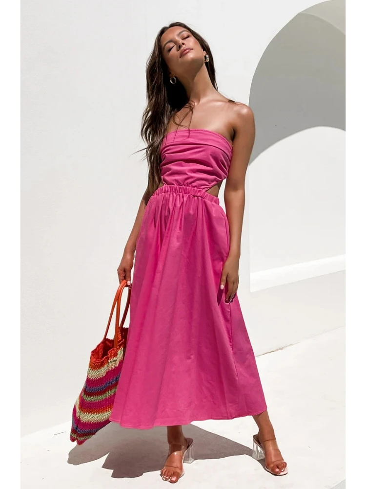 

Women Sleeveless Backless Sexy Summer Maxi Dresses Female Solid Color Sweet Cut Out Rosy Dress 2022