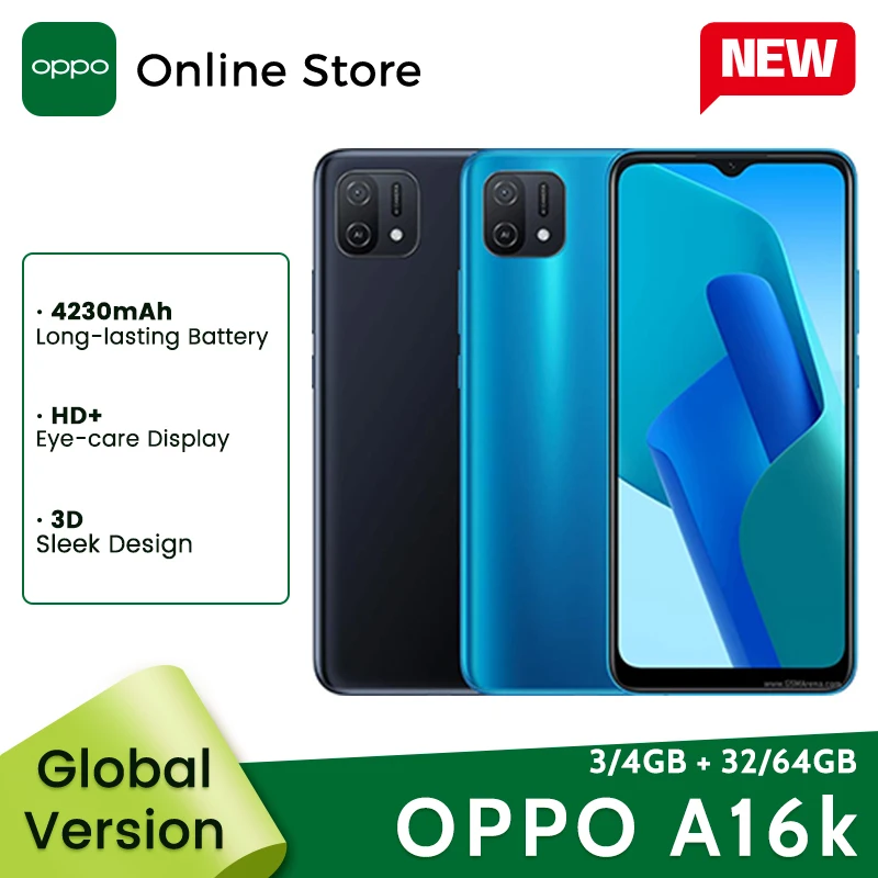 Global Version OPPO A16k Smartphone MTK Helio G35 Octa Core 3GB 32GB 6.52'' HD+ Screen 13MP Main Cameras 4230mAh 4G Mobile Phone