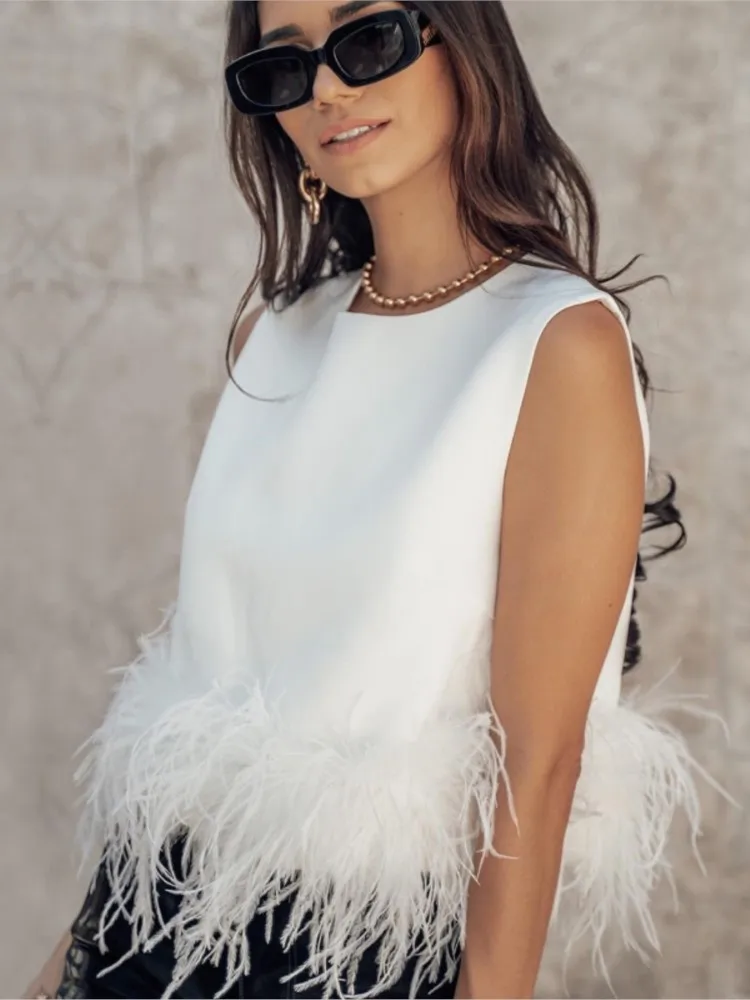 

Ladies Sexy T Shirt 2022 Summer Back Zipper Sleeveless Stitching Feather Tank Women High Quality Y2k Футболка Топ Bts Crop Tops