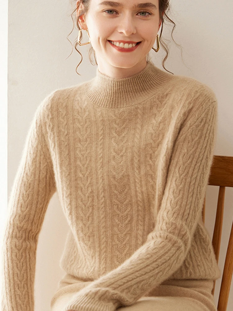 Витой двухрядный утолщенный кашемировый свитер женский с полувысоким