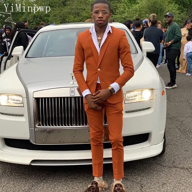 

YiMinpwp Orange Men Suits Peaked Lapel Single Breasted Prom Suit Slim Fit Blazer Jacket Tuxedos Groom Wear 2 Piece Coat Pant