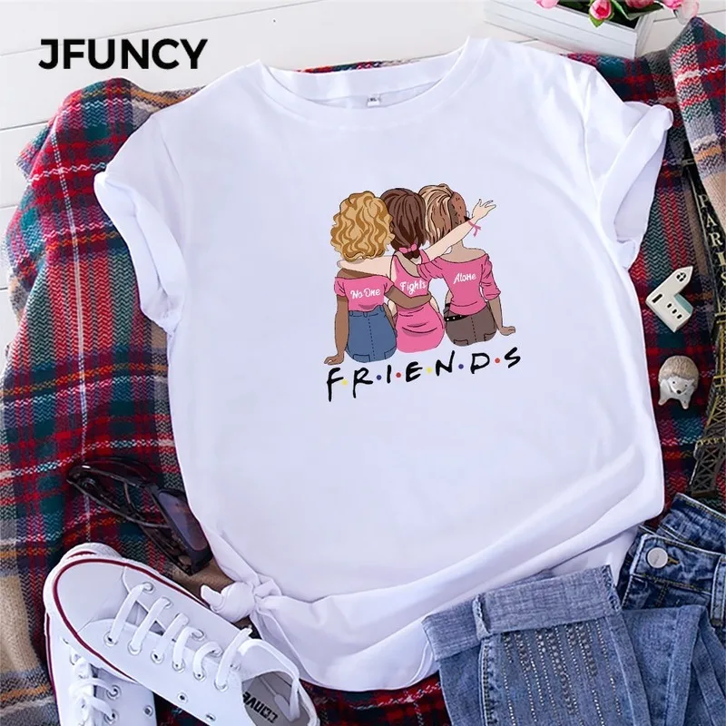 JFUNCY  Woman Tops 2023 New Women Cotton T Shirt Best Friends Cartoon Printed Female Tee Summer Short Sleeve T-shirt