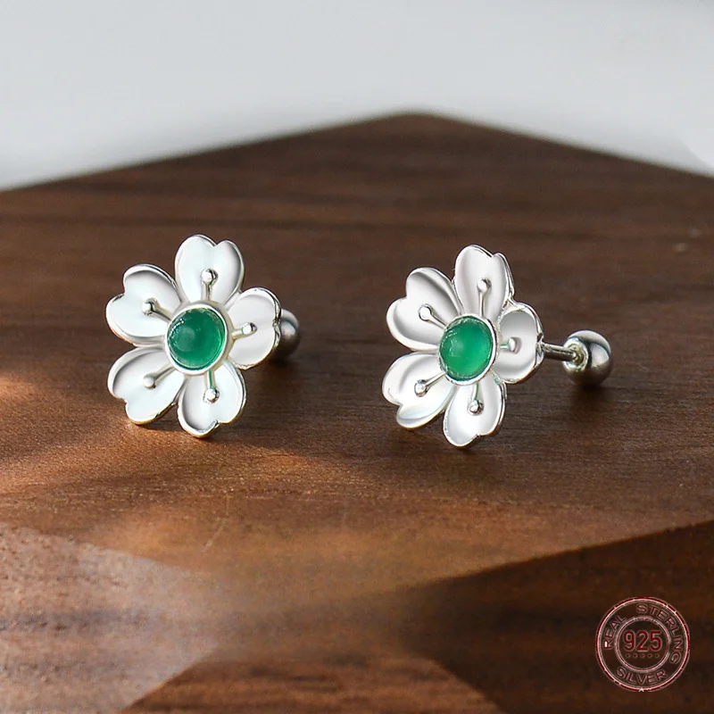 

925 Sterling Silver Cherry Blossom Stud Earrings for Women Simple Flower Accessories Korean Earring Mother Retro Jewelry Gift