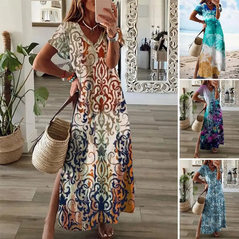 

Women Flower Printed Beach Dress Fashion Short Sleeve V-neck Middle Dress Ladies Casual Loose Waist Pocket Dresses 2023