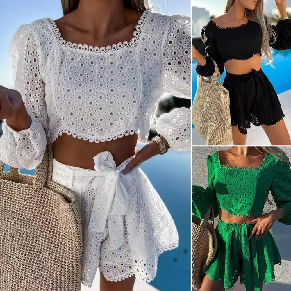 

1 Set Crop Top Shorts Hollow Out Lace Summer Square Collar Lace-up Shorts Set Streetwear