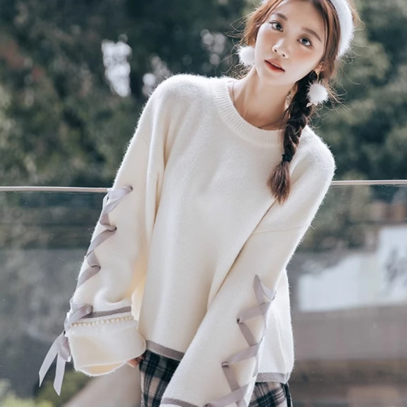 

Женский короткий свитер EBAIHUI, новый дизайн на шнуровке, женская тонкая трикотажная одежда, осень-зима, свободные пуловеры с длинным рукавом, топ с круглым вырезом