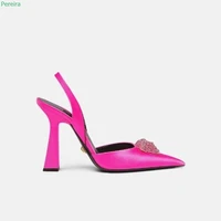 satin slingback pumps summer womens solid hollow rhinestone pointed toe chunky heel high quality sexy fashion elegant shoes