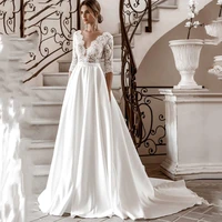 fashion lace wedding dress satin 34 sleeve elegant backless bridal gowns appliques draped embroidery zipper boho robe de mari%c3%a9e