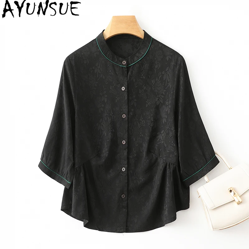 Женская жаккардовая рубашка AYUNSUE летняя блузка из натурального шелка тутового