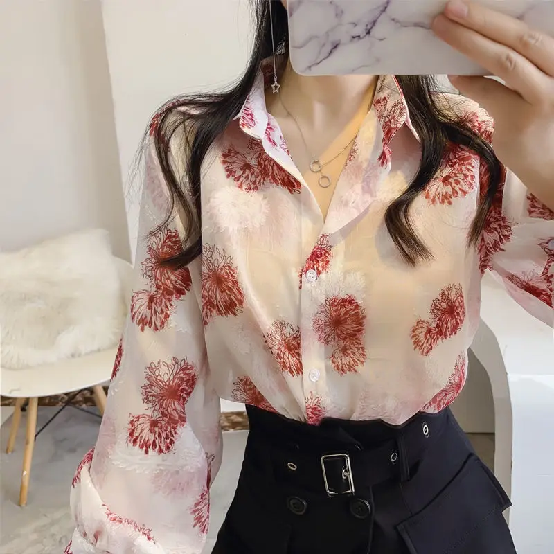 Women Loose Vintage Printed Chiffon Shirts Summer Thin Korean Fashion Blouse Female Clothes Lantern Sleeve Top