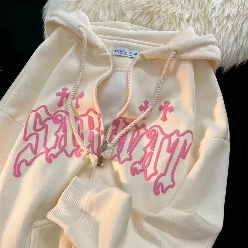 Zip Up Hoodie Women High Street Harajuku Retro Hip Hop Loose Long Sleeve Embroidery Hooded Men Sweatshirts 90S St Y2K Streetwear