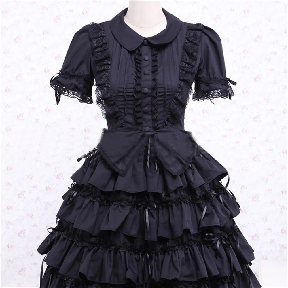 

Rosetic 2022 Gothic Lolita Dress Women Solid Black Ruffles Preppy Style Retro Designer Goth Princess Short Dresses Short Sleeve