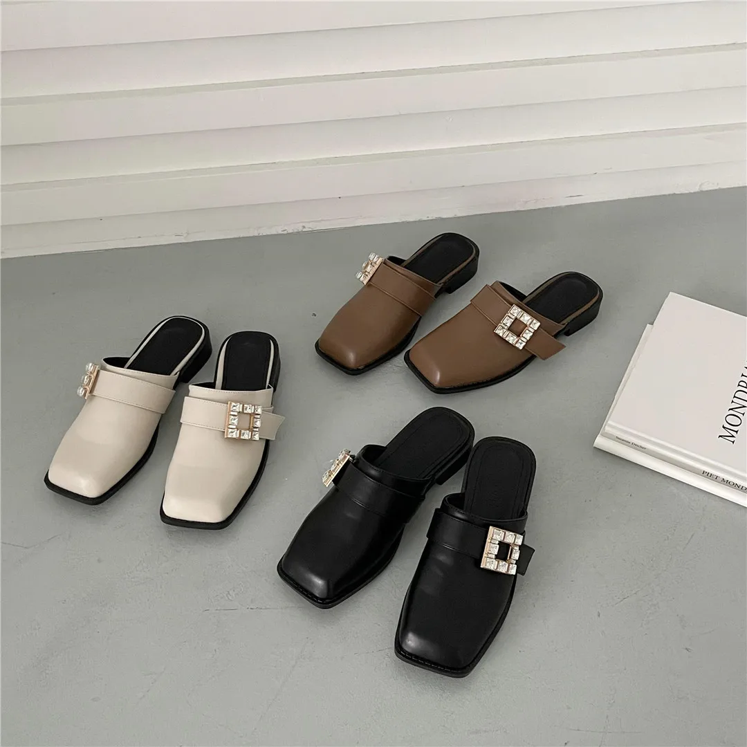 

2022 new Korean lazy one-foot Muller shoes low-heeled square toe Baotou thick-heeled semi-slippers for women's outer wear