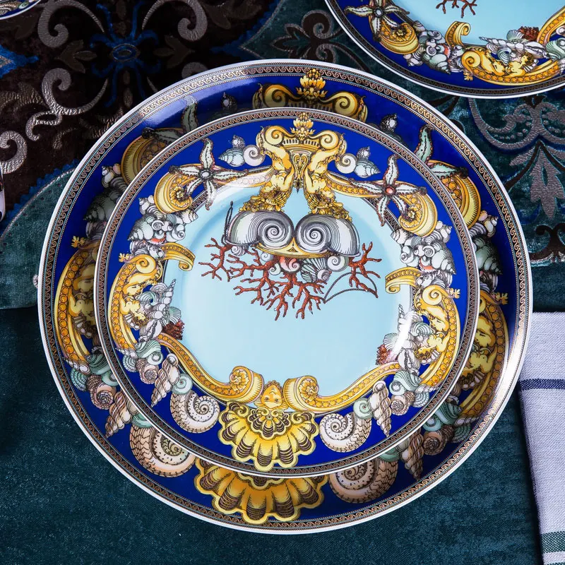 

China Luxury Blue Ocean Bone Dishes Plates Western Clubhouse Upscale Heart of The Sea CeramicTableware Decorative Plate