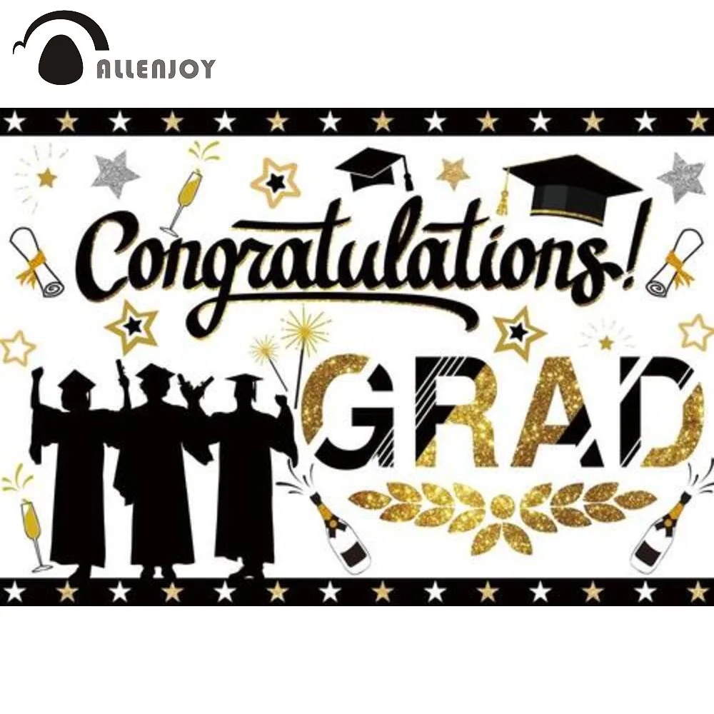 

Allenjoy Congratulations Grad Gold Black Background Party Prom Masters Stars Wheat Bachelor Cap Photophone Props Backdrop