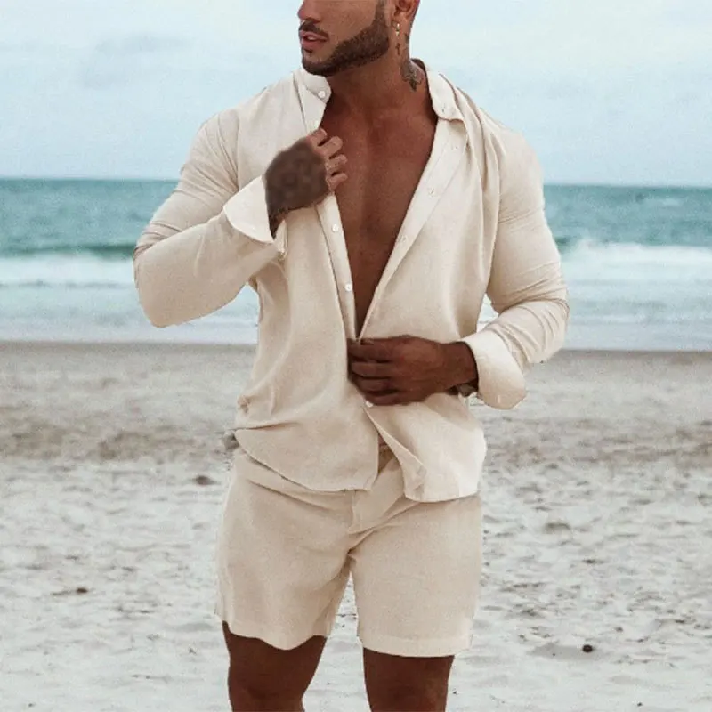 

Men's Solid Color Suit Spring Loose Long-sleeved Shirt Shorts Two-piece Set