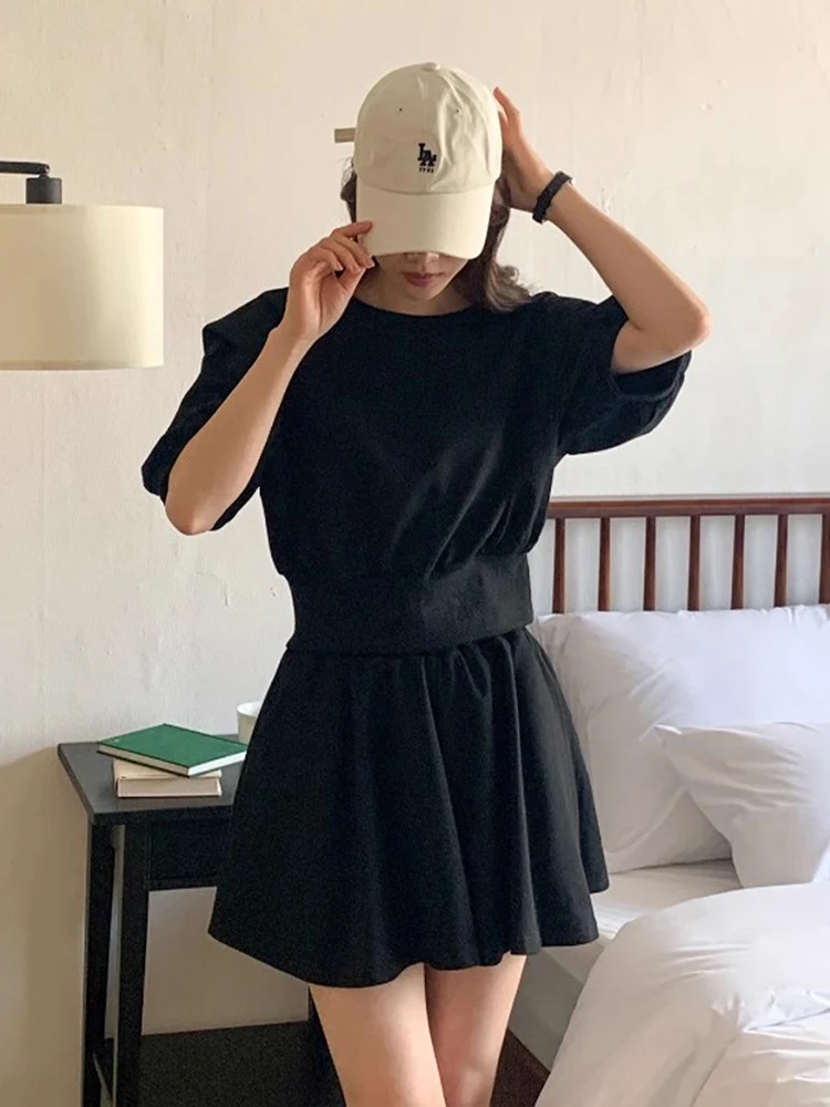 South korea Chic Summer Versatile Puff sleeve Short Hoodie + High Waist Wide Leg Casual Shorts Two-piece Set Women