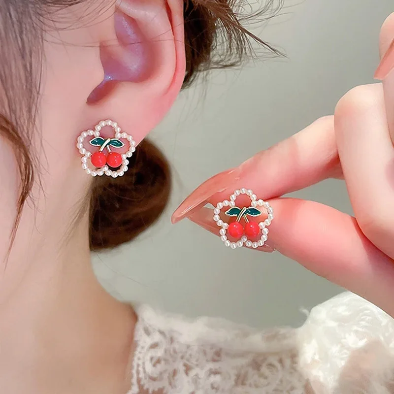 

New Fashion Red Cherry Pearl Stud Earrings For Women Shiny Crystal Zircon Flower Tulip Rabbit Earring Christmas Charm Jewelry