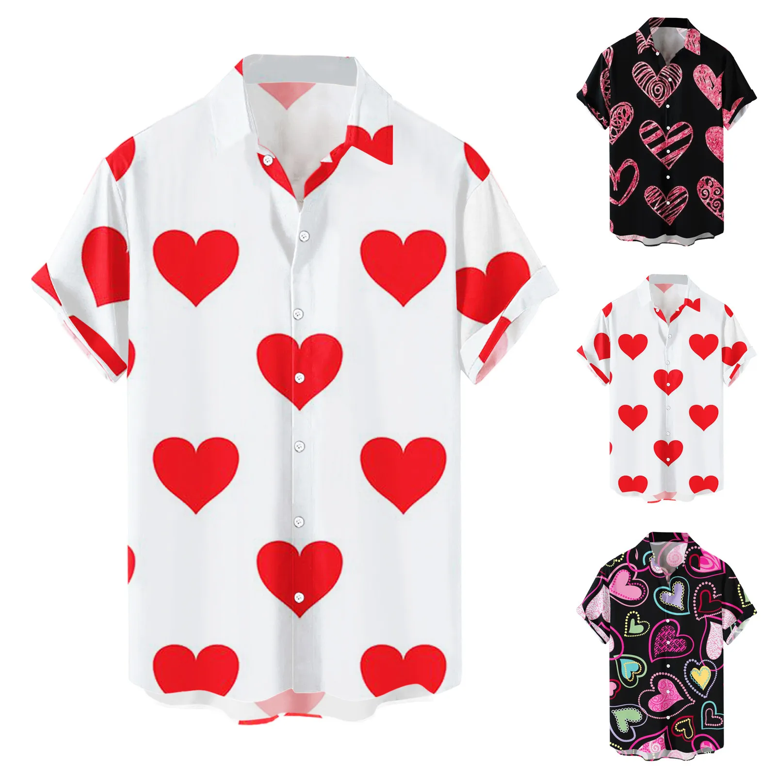 Hawaiian men's shirt Men's casual button-down shirt Korean fashion Valentine's Day love print short sleeve beach shirt top