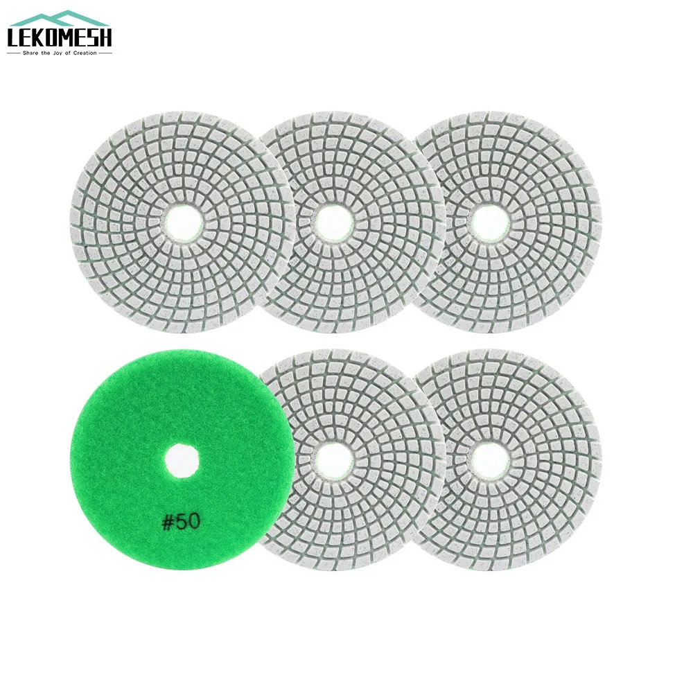 LEKOMESH 6pcs 4 inches 100mm #50 200 Diamond Polishing Pads Kit Wet for Granite Quartz Stone  Marble Polishing  Discs Set