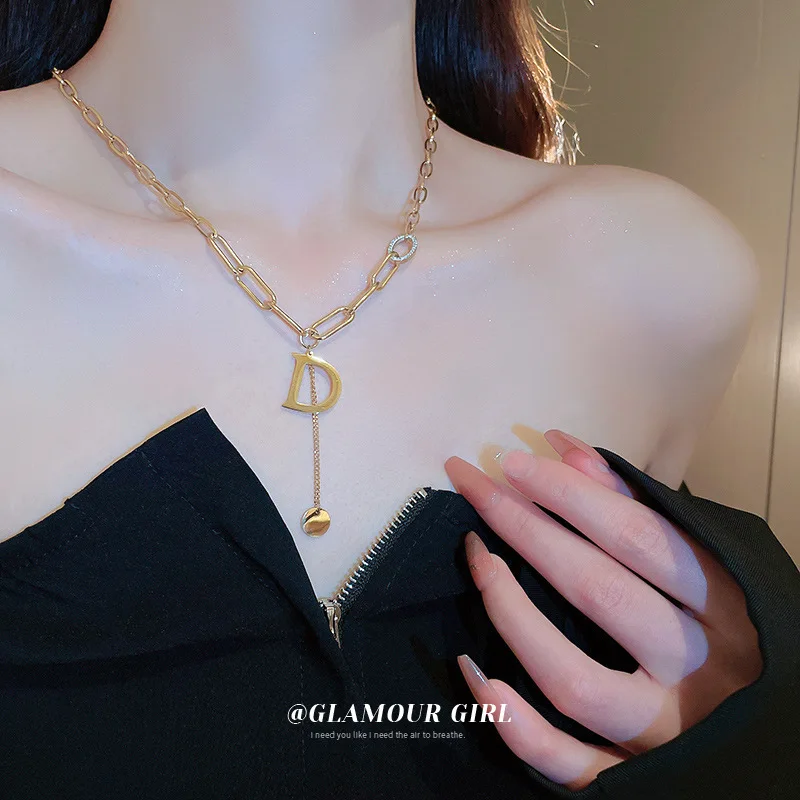 

Titanium Steel Diamond Letter Chain Necklace Fashion High Sense Neck Temperament Clavicle Korea New Wholesa