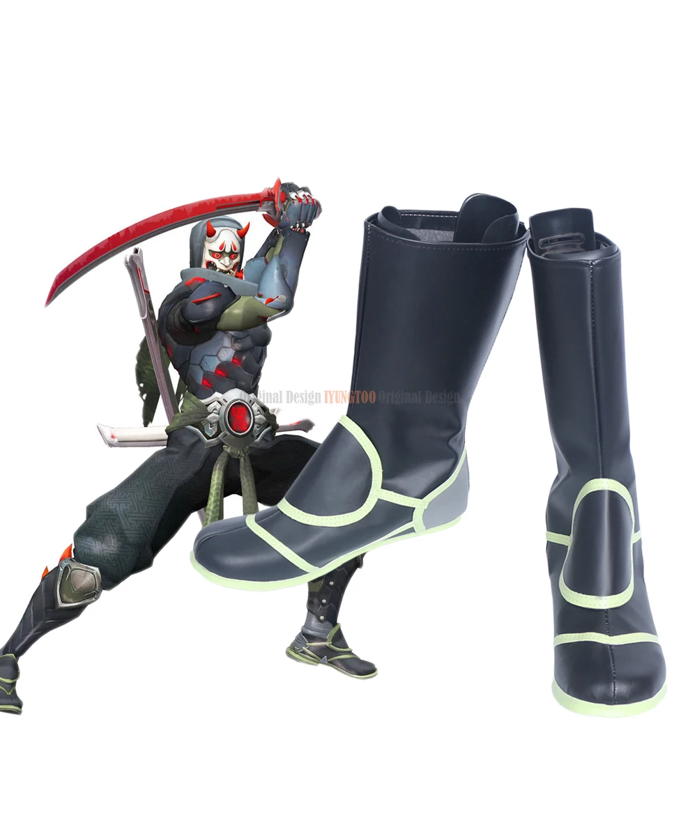 Game OW Oni Genji Skin Ninja Cosply Boots Black Shoes Custom Made Any Size Unisex